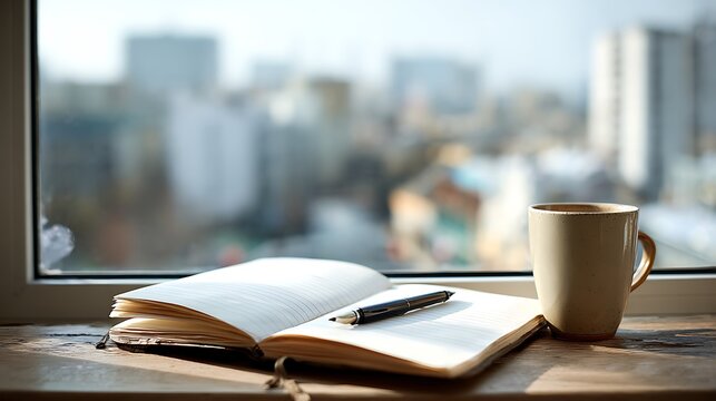 Open notebook with pencil and coffee mug on desk by city window, natural light, hyper-realistic detail, modern creative lifestyle, ideal for presentation, dashboard, and marketing template