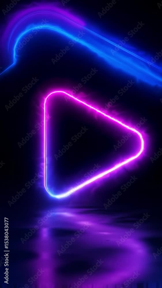 Poster glowing neon outline of play button or triangle shape animates dynamically on infinite deep black vo