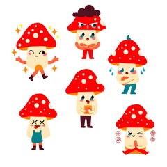 Fototapeta premium Cute Mushroom Characters with Different Emotions Cartoon Sticker Set