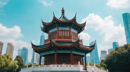 Naklejka premium Ancient Chinese Pagoda Amidst Modern Skyscrapers A Stunning Contrast of Cultures