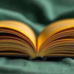 Close-up of an open book with yellowed pages resting on a dark teal fabric. The pages are slightly curved, showing the texture of the paper. The focus is shallow, blurring the background
