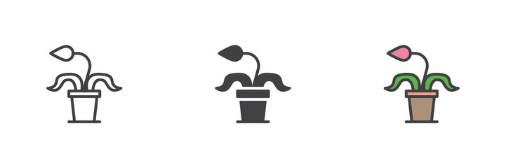 Potted plant icon set in line, solid and filled outline style