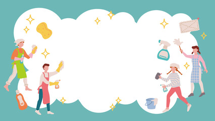 手書きの掃除をする家族、専門業者のテンプレートベクターイラストフレーム Hand drawn cleaning family, professional contractor template vector illustration frame.