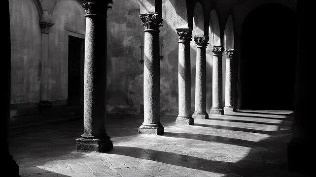 Stone Columns in a Row Architecture With Shadows in Black and White Interior Perspective of Ancient Building