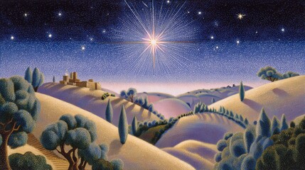 A starry sky above a hilly landscap with vivid colors