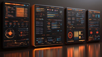 Multiple futuristic digital displays showing data and information.