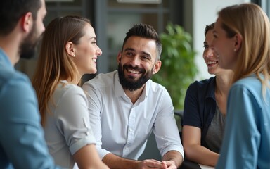 Group of laughing diverse company employees talking during break, listening funny jokes or anecdote of young cheerful Arabian male colleague, looking carefree, and untroubled during pause at workplace