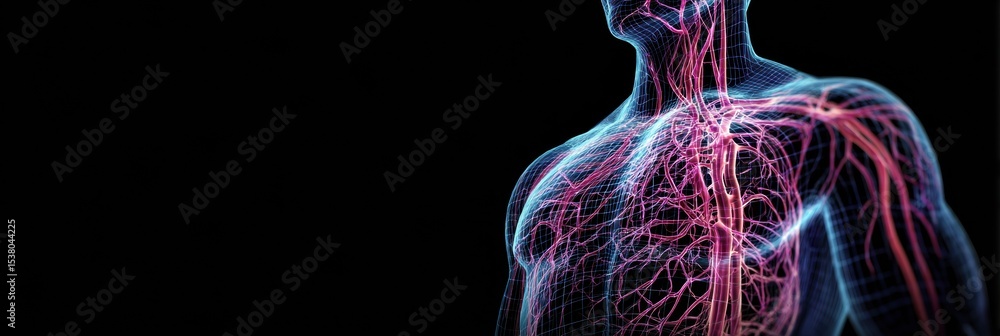 Poster stylized wireframe representation of the human body with nervous system highlighted for educational 
