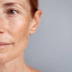 Fototapeta premium Closeup of mature woman showing natural skin texture and wrinkles with healthy glowing complexion in soft light
