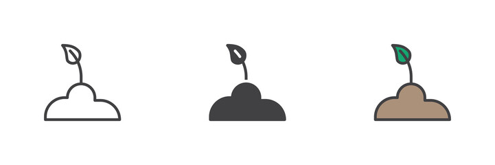 Small sprout in soil icon set in line, solid and filled outline style