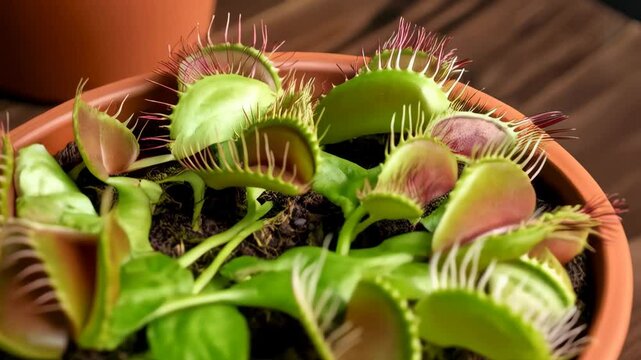 Close-up of a potted Venus flytrap showcasing its carnivorous plant leaves and trapping mechanisms on wooden background.