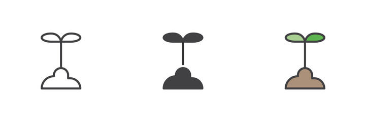 Two-leaf sprout icon set in line, solid and filled outline style