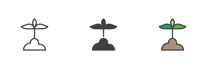 Three-style baby plant icon set in line, solid and filled outline