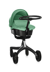 Baby carriage. Modern pram with aquamarine color canopy isolated on white