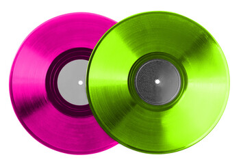 Two color vinyl records on white background