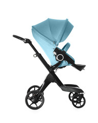 Baby carriage. Modern pram with light blue canopy isolated on white