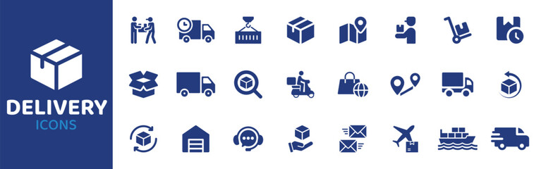 Delivery - Icon Collection. Thin Line Set contains such Icons as Delivery, Package, Box, Parcel, Courier, Truck, Van and more. Simple web icons set.