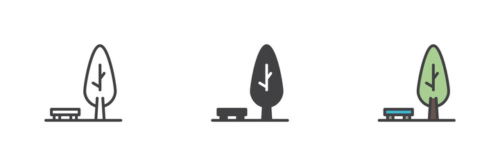 Stylized park tree icon set in line, solid and filled outline style