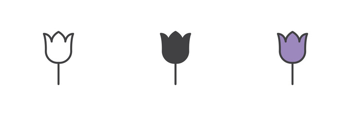Tulip flower icon set in line, solid and filled outline style