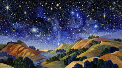 A starry sky above a hilly landscap with vivid colors