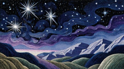 A starry sky above a hilly landscap with vivid colors