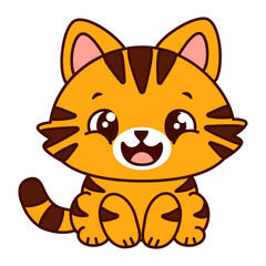 Fototapeta premium Cute cartoonish ginger cat with brown stripes. The cat has big, expressive eyes and a playful expression and sits up straight. Kawaii pet. Vector illustration