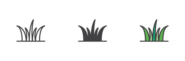 Grass blades icon set in line, solid and filled outline style