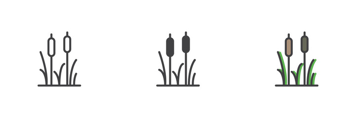 Cattail wetland plant icon set in line, solid and filled outline style