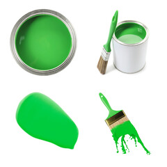 Green paint. Collage with cans and brushes on white background