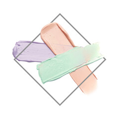 Strokes of pink, green and purple color correcting concealers and frame on white background