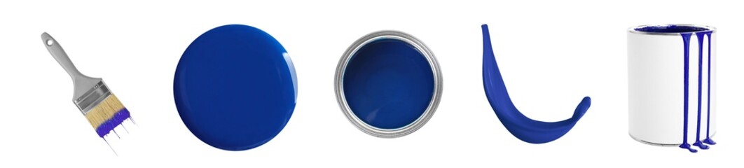 Blue paint. Collage with cans, drop, splash and brush on white background