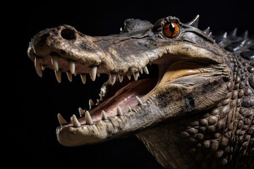 Fototapeta premium Detailed close-up of a crocodile's head showcasing fierce teeth and eyes in studio lighting