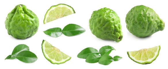Fototapeta premium Fresh ripe bergamot fruits and green leaves on white background, collage
