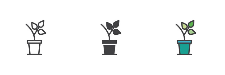 Leafy potted plant icon set in line, solid and filled outline style