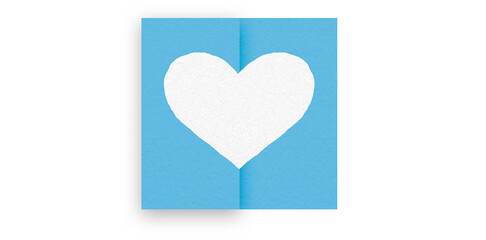 Light blue heart shaped paper on transparent background. Composition of collage with rough texture of paper. Scalloped edges. Love and romance. Lovely halftone color.