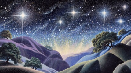 A starry sky above a hilly landscap with vivid colors