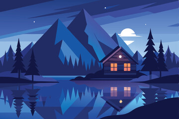 A tranquil mountain landscape at night, with a cozy cabin by a lake.