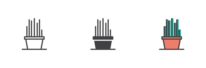 Tall cactus pot icon set in line, solid and filled outline style