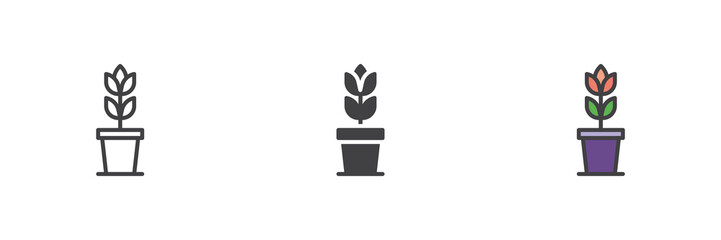 Indoor plant sprout icon set in line, solid and filled outline style