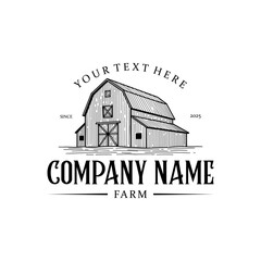 Vintage monoline barn logo design with wood build and house farm