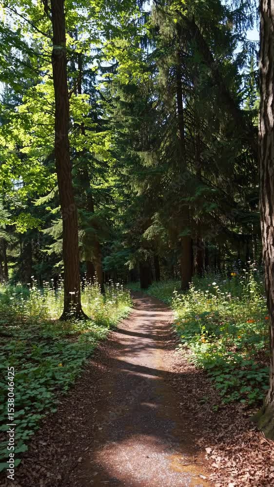 Poster a serene forest path with tall trees and dappled sunlight, captured from a low angle, creating a tra