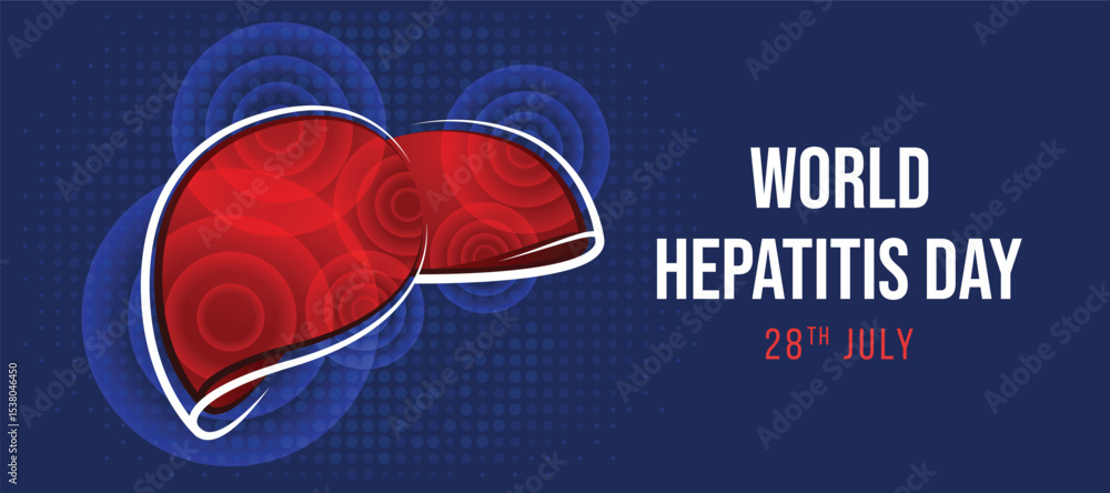 Poster world hepatitis day - red liver with circle ring wave layer texture on blue dots texture background 