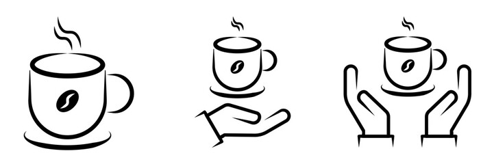 Minimalist black and white vector icons of a steaming hot coffee cup with a coffee bean emblem, with and without hands, representing coffee, breaks, and service.