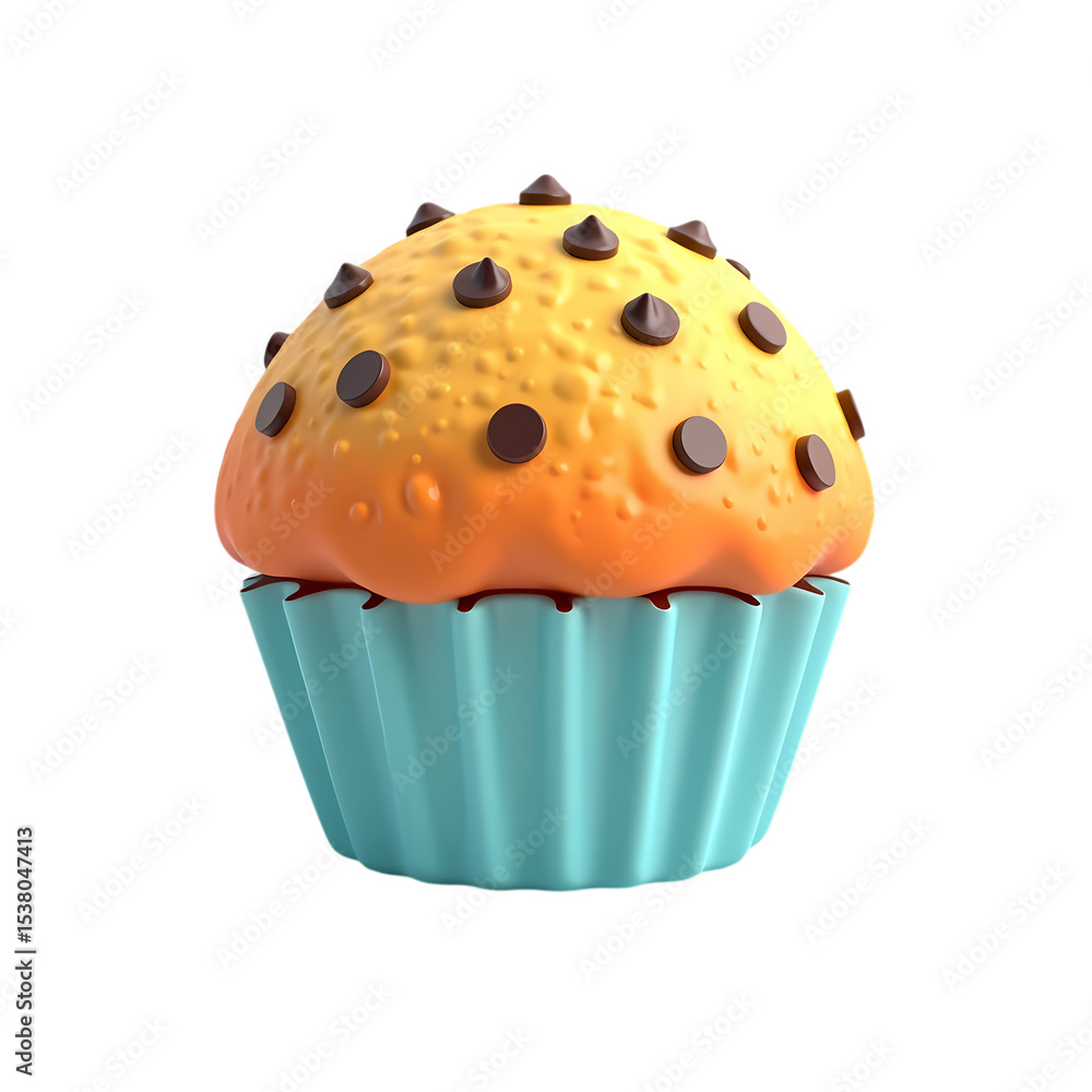 Poster a cupcake with yellow frosting and chocolate chips in a wrapper isolated on transparent background