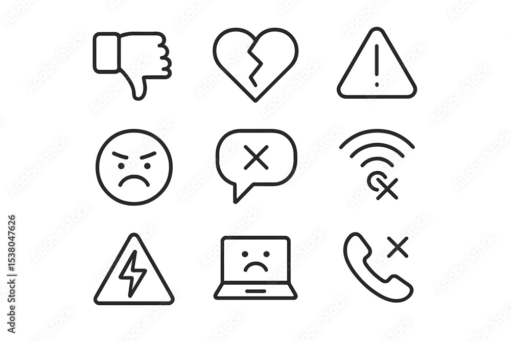 Poster emotional symbols and warning icons representing negative feelings and alerts in a simple design