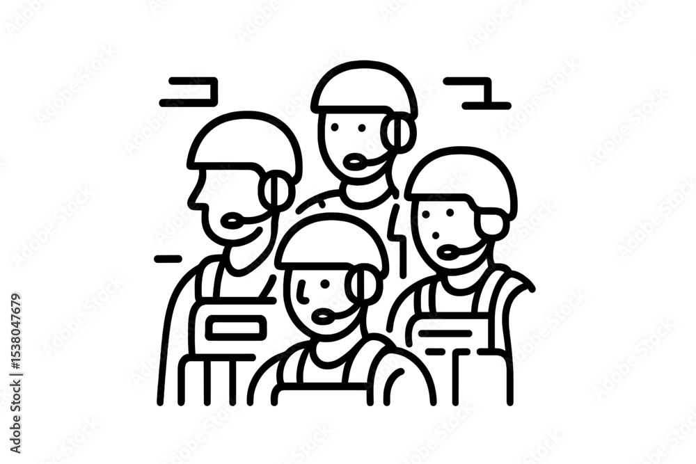 Poster group of operators in headsets working together in a modern office environment during a collaborativ