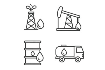 Oil industry production symbols featuring drilling rig, oil barrel, and tanker vehicle in a simple, monochrome design