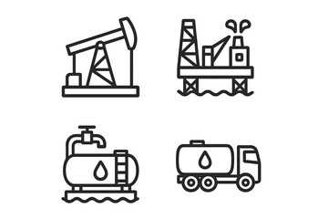 Oil extraction and transportation activities depicted through illustrations of equipment and vehicles