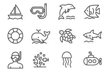 Nautical adventure icons featuring marine life and water activities in a playful design