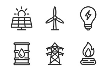 Symbols of renewable and non-renewable energy sources including solar, wind, oil, and electricity represented in a simple design
